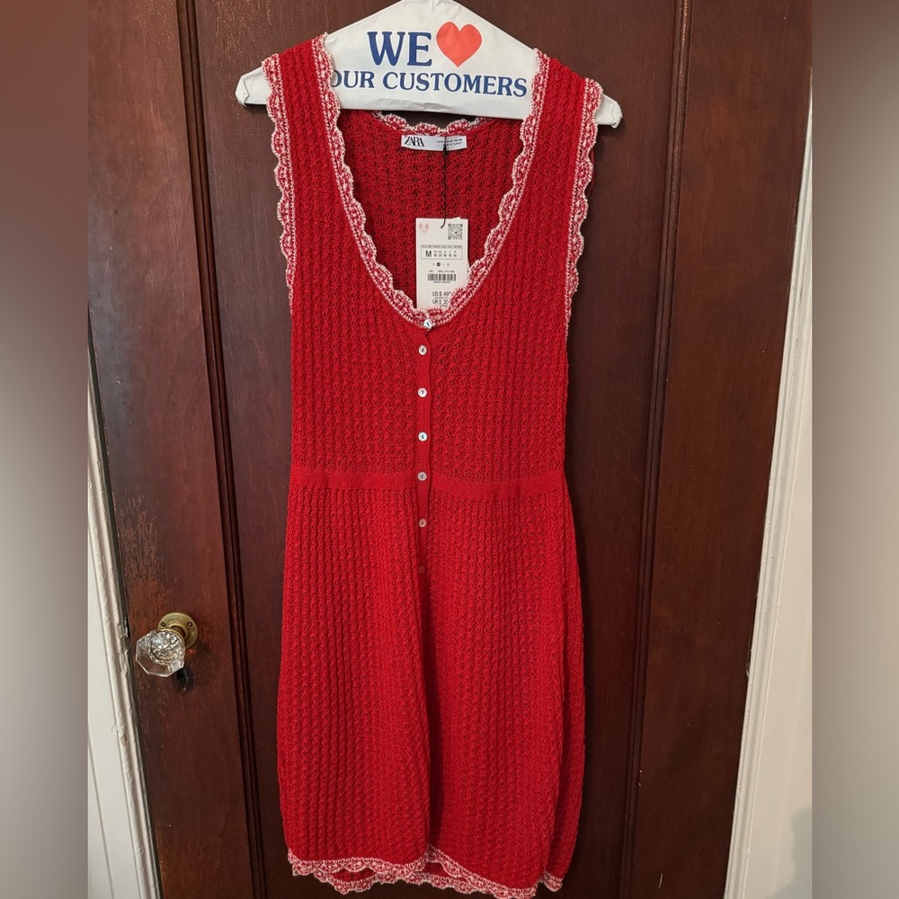 Zara knit Red Sleeveless Dress with Trim NWT